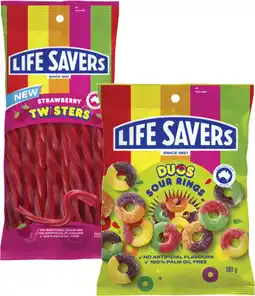 Coles NEW Life Savers Twisters or Duos Sour Rings Lollies 180g-205g offer