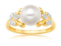Shiels 9ct Yellow Gold Freshwater Pearl and Leaf Pattern Diamond Ring offer