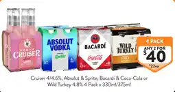 Foodworks Cruiser 4/4.6%, Absolut & Sprite, Bacardi & Coca-Cola or Wild Turkey 4.8% offer