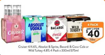 Cruiser 4/4.6%, Absolut & Sprite, Bacardi & Coca-Cola or Wild Turkey 4.8%