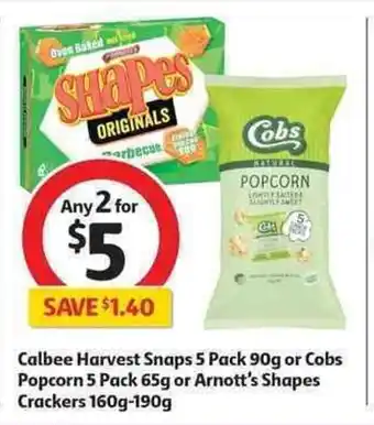 Coles Calbee Harvest Snaps 5 Pack 90g or Cobs Pop 65g or Arnott's Shapes Crackers 160g-190g offer