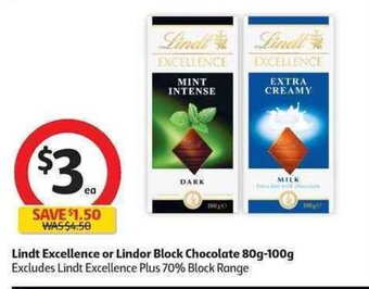 Coles Lindt Excellence or Lindor Block Chocolate 80g-100g offer