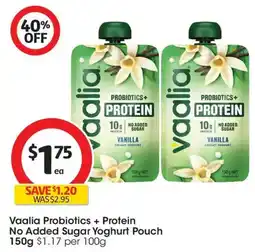 Coles Vaalia Probiotics + Protein No Added Sugar Yoghurt Pouch offer