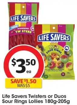 Coles Life Savers Twisters or Duos Sour Rings Lollies offer