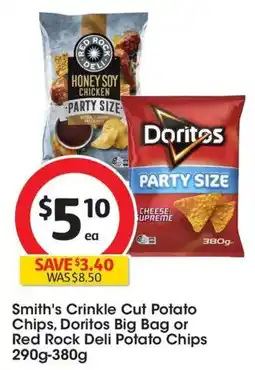 Coles Smith's Crinkle Cut Potato Chips, Doritos Big Bag or Red Rock Deli Potato Chips offer