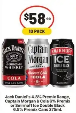 IGA Jack Daniel's 4.8% Premix Range, Captain Morgan & Cola 6% Premix or Smirnoff Ice Double Black 6.5% Premix Cans offer