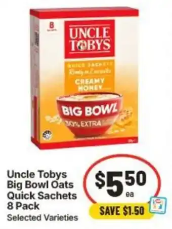 IGA Uncle Tobys Big Bowl Oats Quick Sachets offer