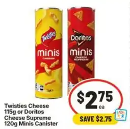 IGA Twisties Cheese Minis or Doritos Cheese Supreme Minis Canister offer