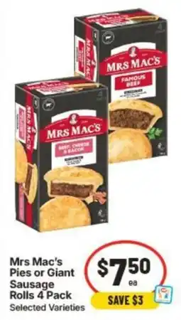 IGA Mrs Mac's Pies or Giant Sausage Rolls 4 Pack offer