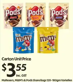 Campbells Wholesale Maltesers, M&M's & Pods Share Bags Varieties offer