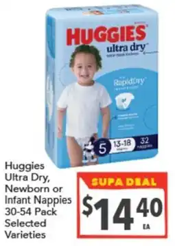 Supa Valu Huggies Ultra Dry, Newborn or Infant Nappies offer