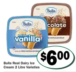 Friendly Grocer Bulla Real Dairy Ice Cream 2 Litre Varieties offer