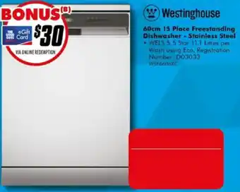 The Good Guys Westinghouse 60cm 15 Place Freestanding Dishwasher - Stainless Steel offer