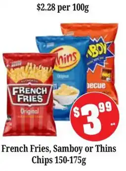 Farmer Jack's French Fries, Samboy or Thins Chips offer