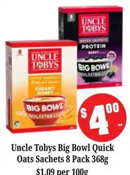 Farmer Jack's Uncle Tobys Big Bowl Quick Oats Sachets offer