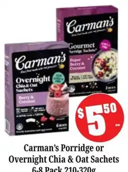 Farmer Jack's Carman's Porridge or Overnight Chia & Oat Sachets offer