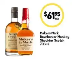 Drakes Makers Mark Bourbon or Monkey Shoulder Scotch offer