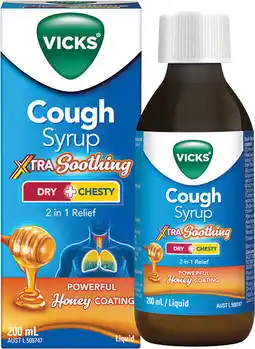 Discount Drug Stores NEW Vicks Cough Syrup Xtra Soothing Dry + Chesty Honey Coating offer