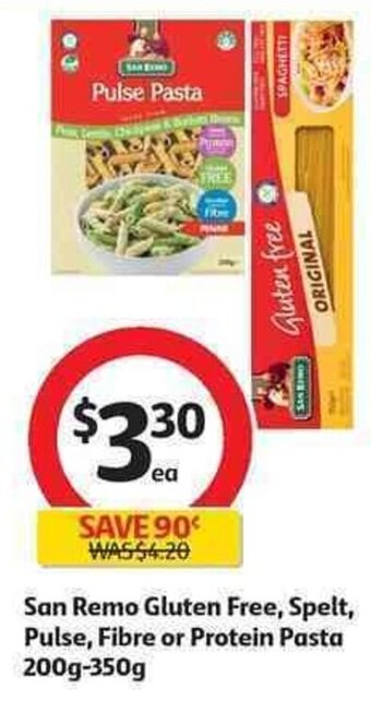 Coles San remo gluten free, spelt, pulse, fibre or protein pasta offer