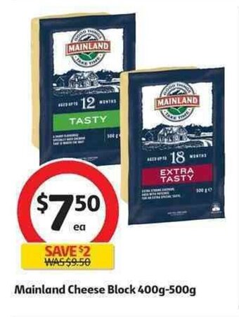 Coles Mainland cheese block 400g-500g offer