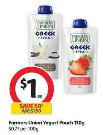 Coles Farmers union yogurt pouch 130g offer