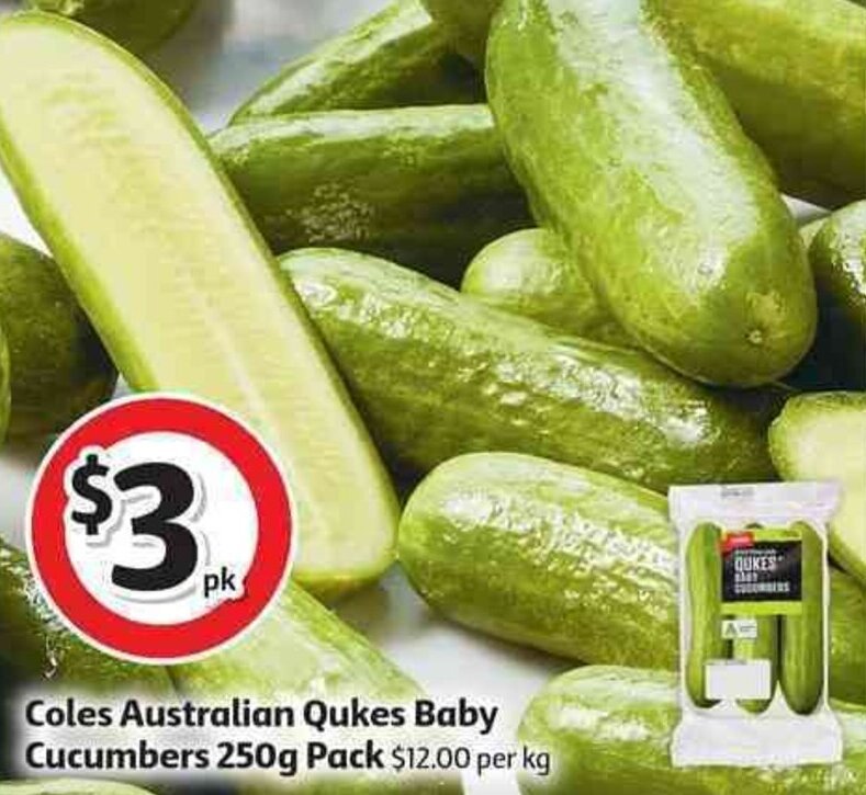 Coles australian qukes baby cucumbers 250g pack offer at Coles