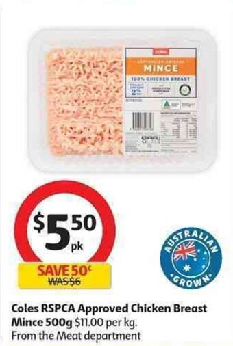 Coles Coles RSPCA approved chicken breast mince 500g offer