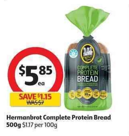 Hermanbrot complete protein bread 500g offer at Coles