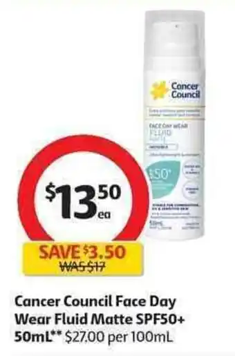 Coles Cancer council face day wear fluid matte SPF50+ 50ml offer