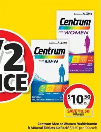 Coles Centrum men or women multivitamin & mineral tablets 60 pack offer