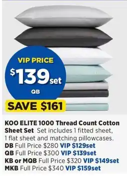 Spotlight Koo Elite 1000 Thread Count Cotton Sheet Set offer