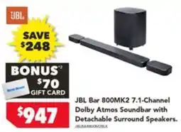 Harvey Norman JBL Bar 800MK2 7.1-Channel Dolby Atmos Soundbar with Detachable Surround Speakers offer
