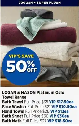 Spotlight Logan & Mason Platinum Oslo Towel Range offer
