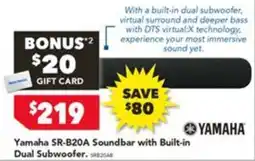 Harvey Norman Yamaha SR-B20A Soundbar with Built-in Dual Subwoofer offer