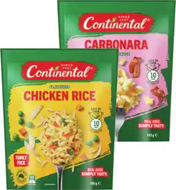 IGA Continental Flavoured Rice Family Pack 180-190g or Pasta & Sauce Family Pack 145g Selected Varieties offer