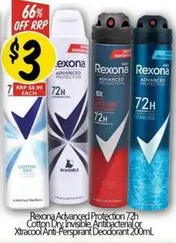 NQR Rexona Advanced Protection 72h Cotton Dry Invisible Antibacterial or Xtracool Anti-Perspirant Deodorant offer