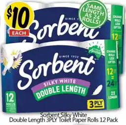 NQR Sorbent Silky White Double Length 3PLY Toilet Paper Rolls offer