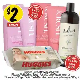 NQR Huggies Elite Soft Wipes, Piksters Whitening ToothPaste Watermelon or Strawberry or Sukin Bath Blend Aromatherapy Energise offer