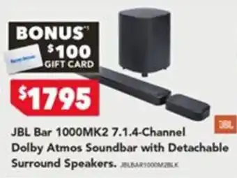 Harvey Norman JBL Bar 1000MK2 7.1.4-Channel Dolby Atmos Soundbar with Detachable Surround Speakers offer
