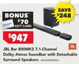 Harvey Norman JBL Bar 800MK2 7.1-Channel Dolby Atmos Soundbar with Detachable Surround Speakers offer