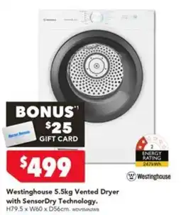Harvey Norman Westinghouse 5.5kg Vented Dryer with SensorDry Technology offer