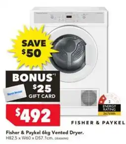 Harvey Norman Fisher & Paykel 6kg Vented Dryer offer