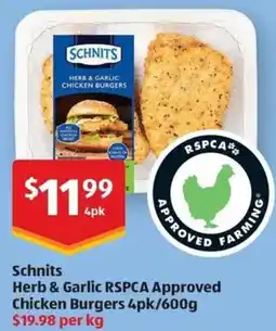ALDI Schnits Herb & Garlic RSPCA Approved Chicken Burgers offer
