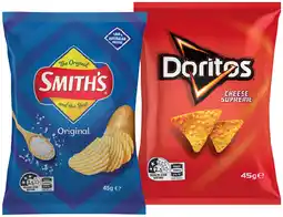 IGA Smithʼs Crinkle Cut Chips or Doritos Corn Chips 45g Selected Varieties offer