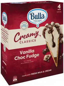 IGA Bulla Creamy Classics Ice Cream Cones or Sticks 4 Pack Selected Varieties offer