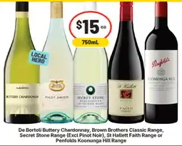 IGA De Bortoli Buttery Chardonnay, Brown Brothers Classic Range, Secret Stone, St Hallett Faith or Penfolds Koonunga Hill Range offer