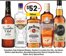 IGA Canadian Club Original Whisky, Gordons London Dry Gin, Jim Beam, Bundaberg Bourbon Barrel Campfire or Sailor Jerry Spiced Rum offer
