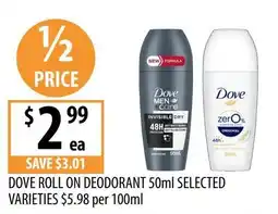 Supabarn Dove Roll On Deodorant 50ml Selected Varieties offer