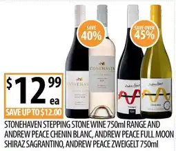 Supabarn Stonehaven Stepping Stone Wine and Andrew Peace Chenin Blanc, Andrew Peace Full Moon Shiraz Sagrantino, Andrew Peace Zweigelt offer
