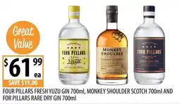 Supabarn Four Pillars Fresh Yuzu Gin, Monkey Shoulder Scotch, Four Pillars Rare Dry Gin offer